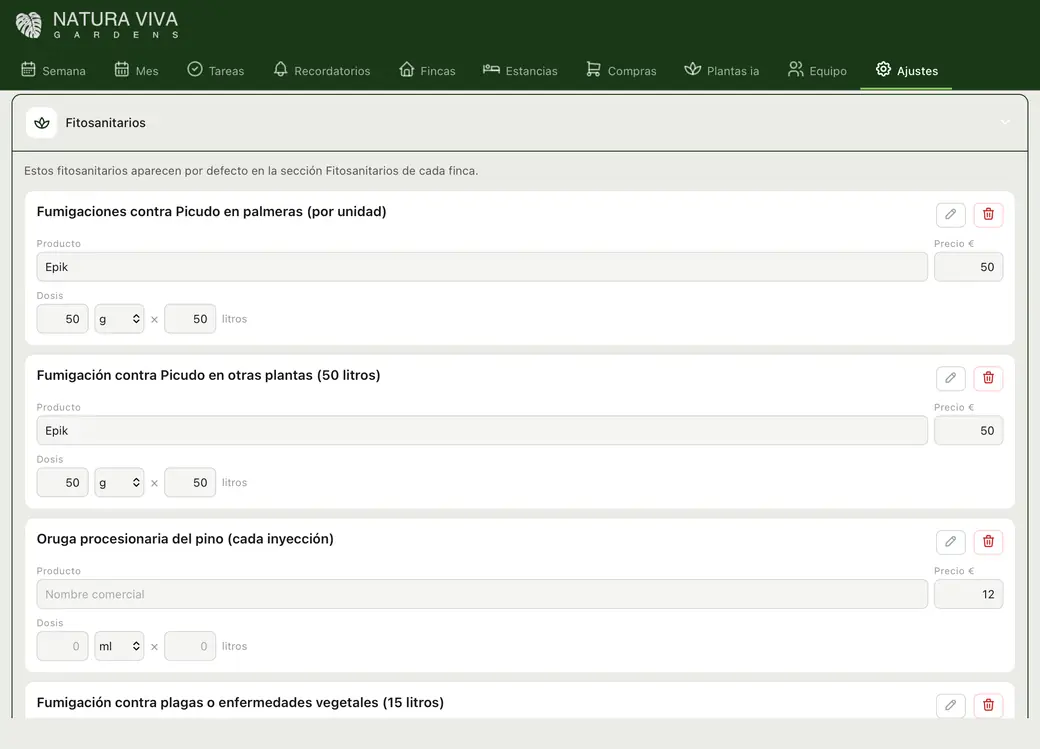 Pantalla de fitosanitarios con productos, dosis y precios