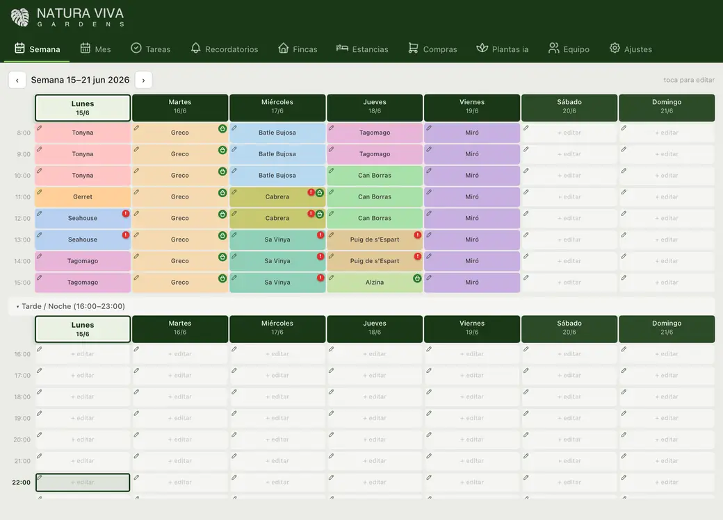 Planificación semanal de la app: cada finca en un color, mañana y tarde
