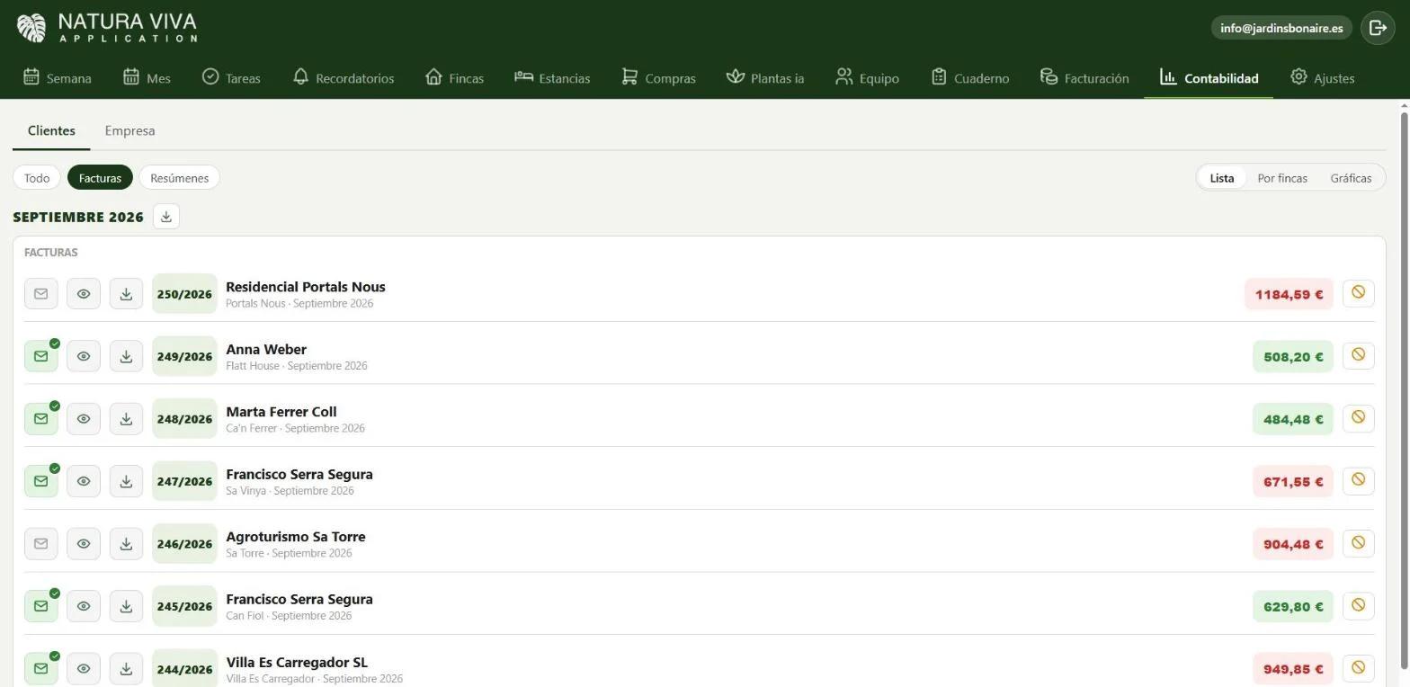 Pantalla de contabilidad en la app Natura Viva