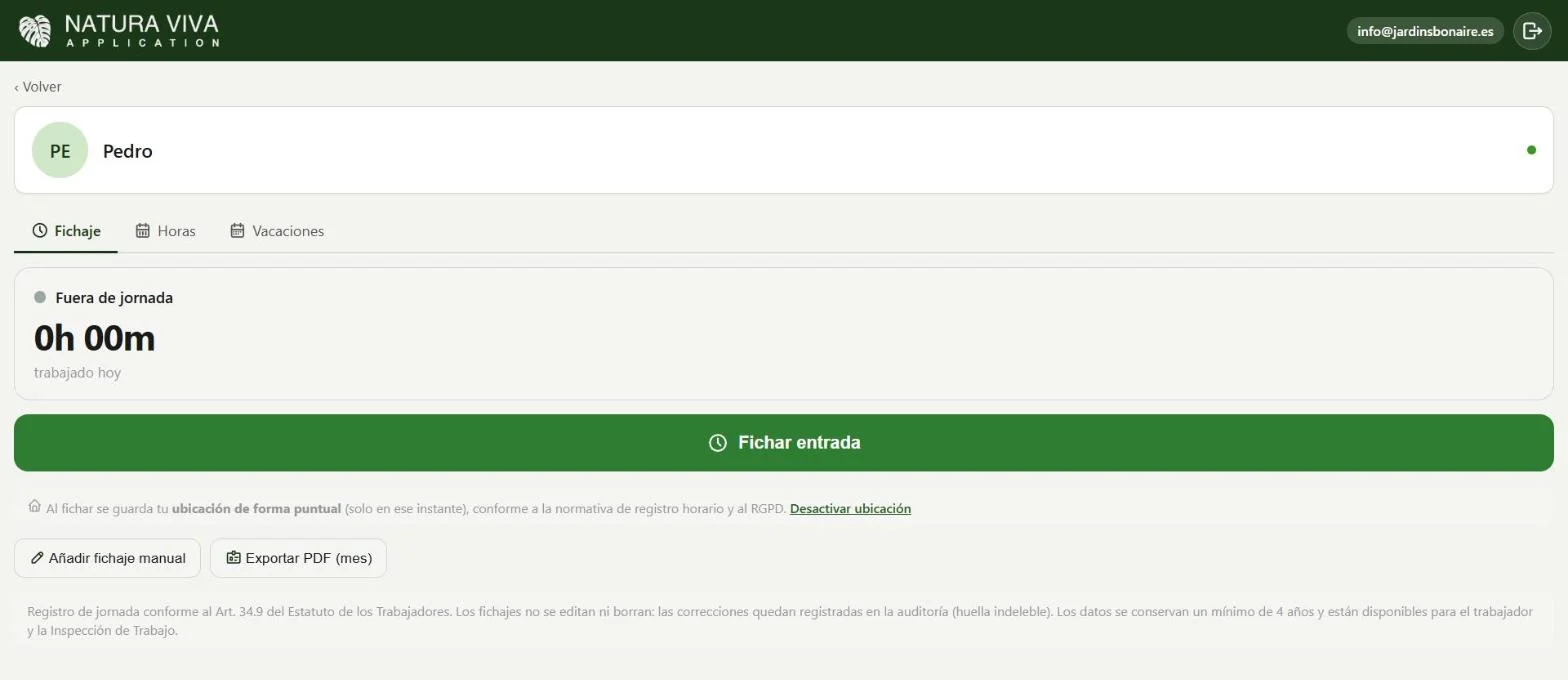 Pantalla de fichaje en la app Natura Viva