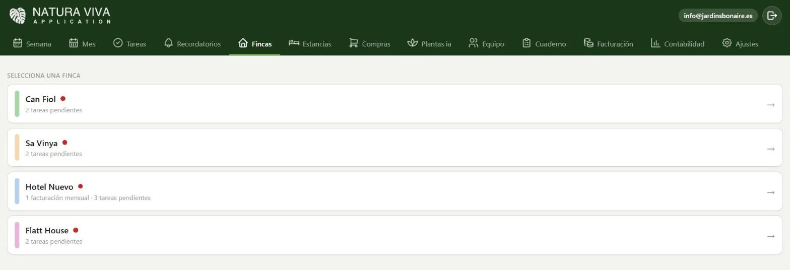 Pantalla de fincas en la app Natura Viva