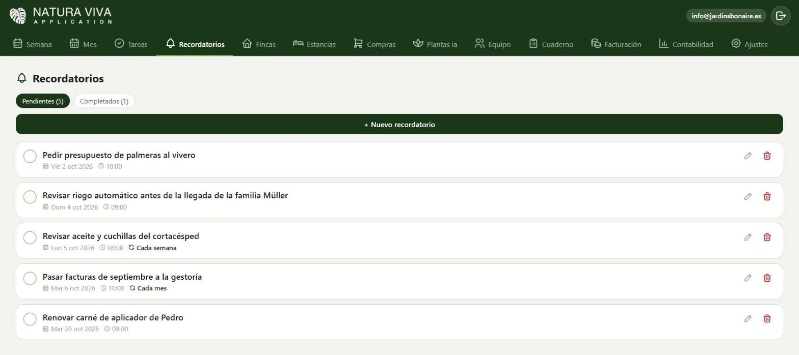 Pantalla de recordatorios en la app Natura Viva